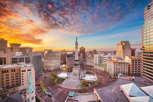Indianapolis Monument Circle at Sunset - Wooden Jigsaw Puzzle Medium