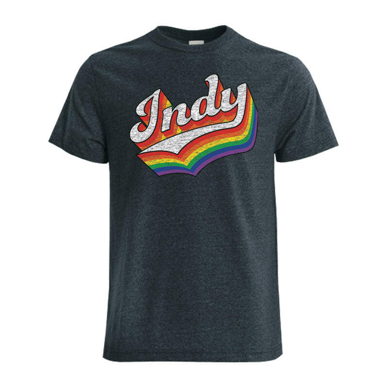 Indy rainbow script design on a charcoal eco tee